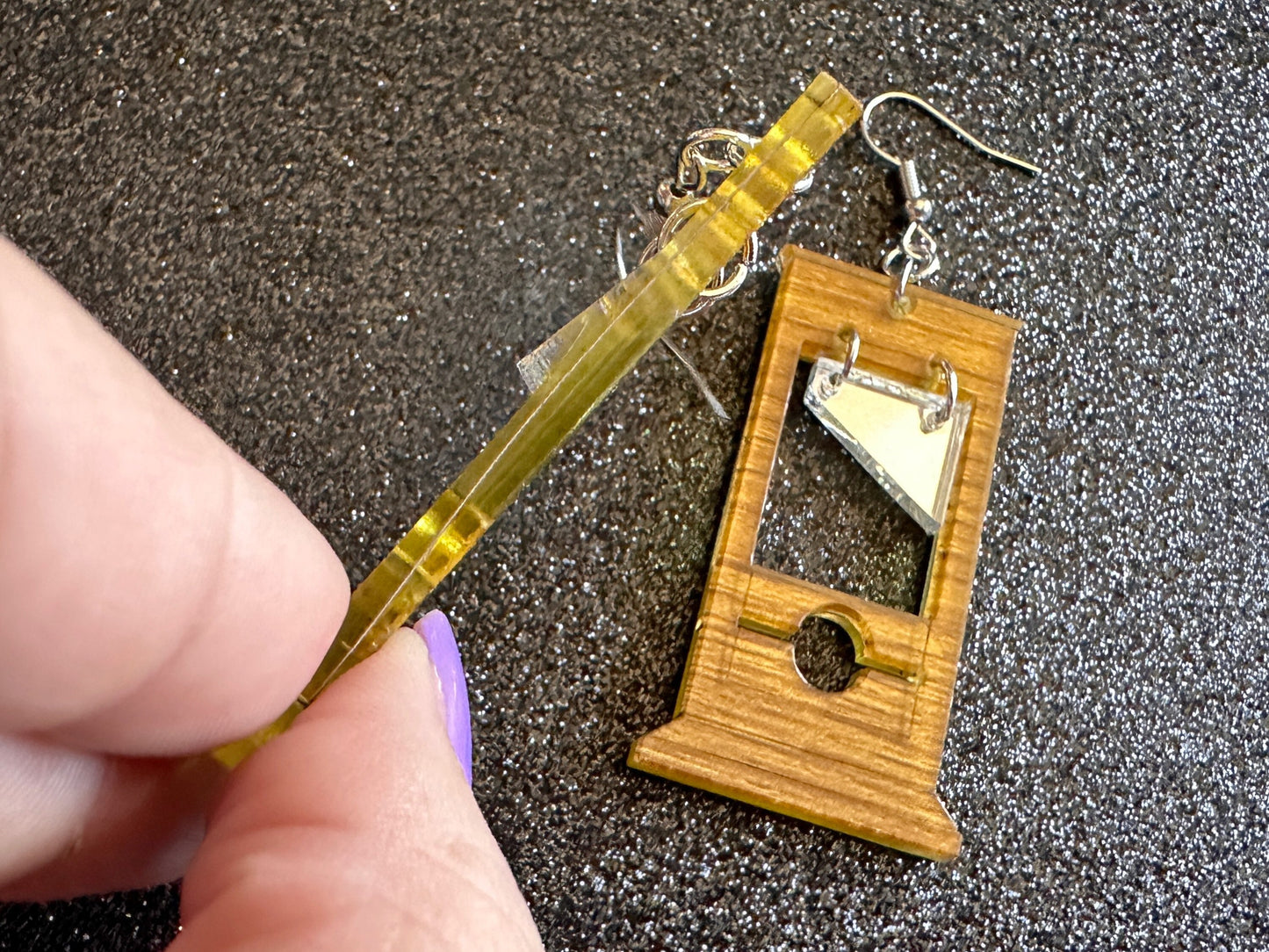 Guillotine Earrings: Faux Wood, Halloween, Scary, Horror, Execution, Death, Decapitation, Laser Cut Acrylic & Wood, Gifts for Her/Him/Them