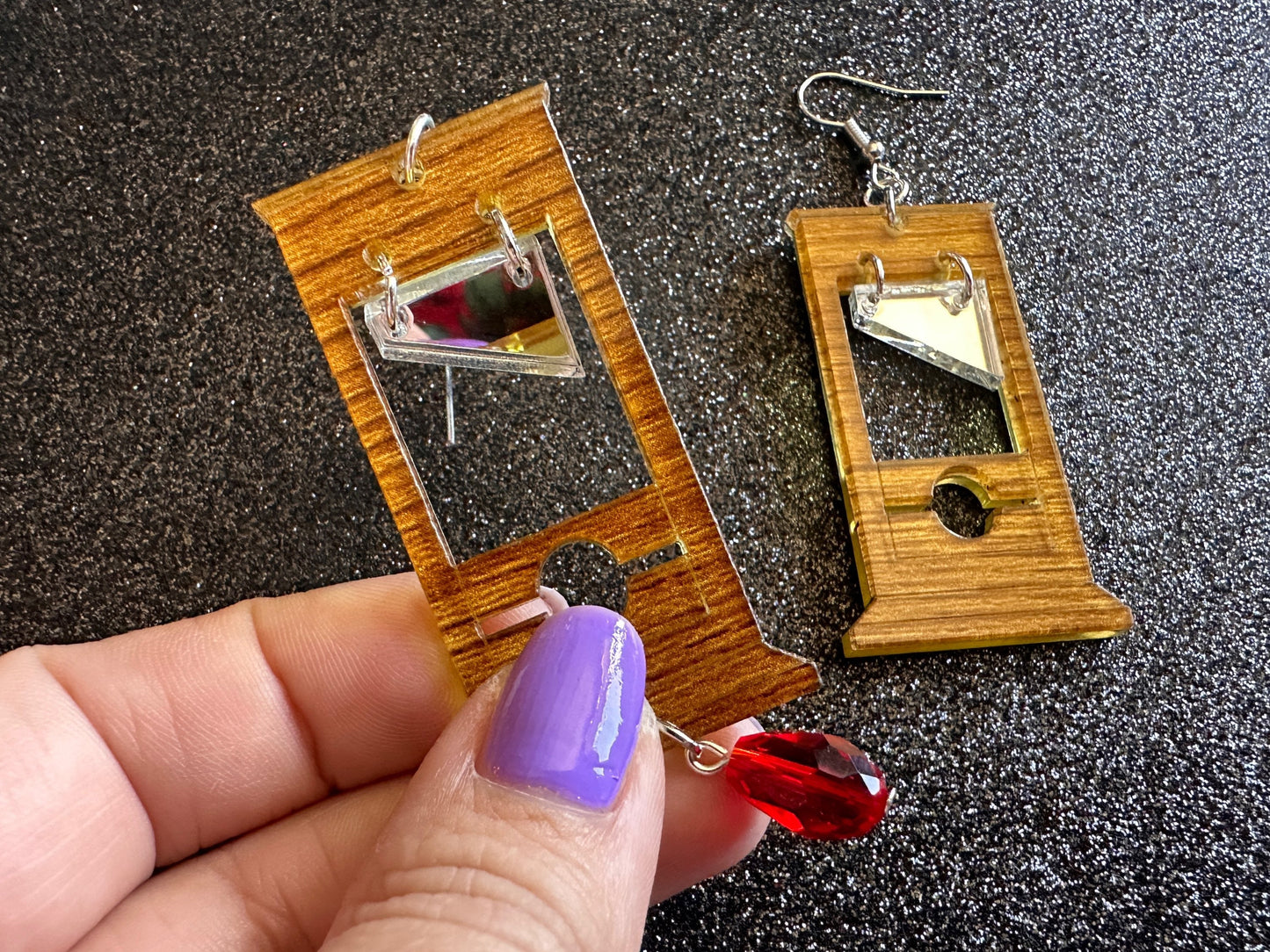 Guillotine Earrings: Faux Wood, Halloween, Scary, Horror, Execution, Death, Decapitation, Laser Cut Acrylic & Wood, Gifts for Her/Him/Them