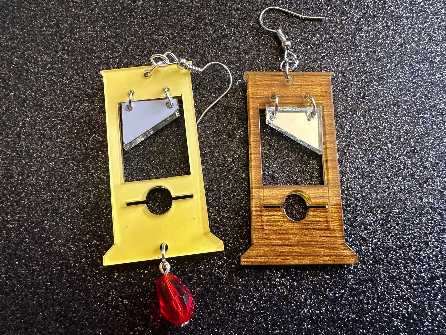 Guillotine Earrings: Faux Wood, Halloween, Scary, Horror, Execution, Death, Decapitation, Laser Cut Acrylic & Wood, Gifts for Her/Him/Them