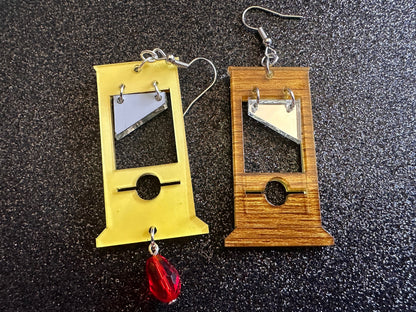 Guillotine Earrings: Faux Wood, Halloween, Scary, Horror, Execution, Death, Decapitation, Laser Cut Acrylic & Wood, Gifts for Her/Him/Them