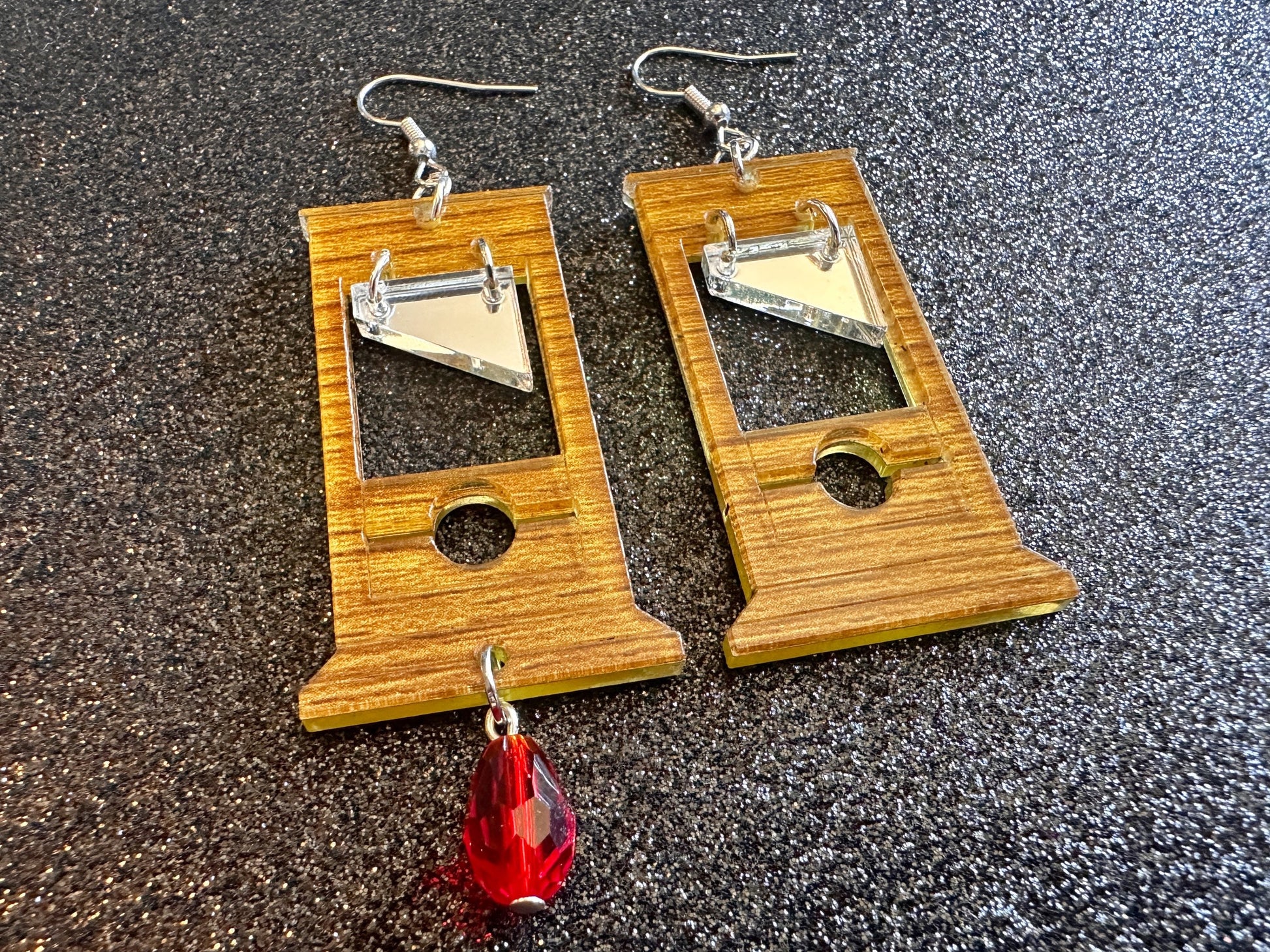 Guillotine Earrings: Faux Wood, Halloween, Scary, Horror, Execution, Death, Decapitation, Laser Cut Acrylic & Wood, Gifts for Her/Him/Them