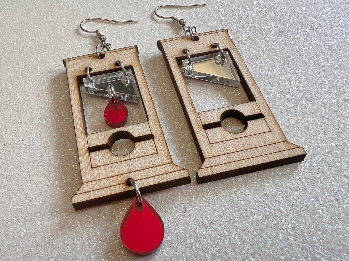 Guillotine Earrings: Halloween, Scary, Horror, Execution, Death, Decapitation, Laser Cut Acrylic & Wood, Best Gifts for Her/Him/Them
