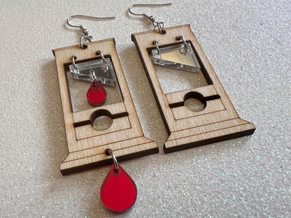 Guillotine Earrings: Halloween, Scary, Horror, Execution, Death, Decapitation, Laser Cut Acrylic & Wood, Best Gifts for Her/Him/Them