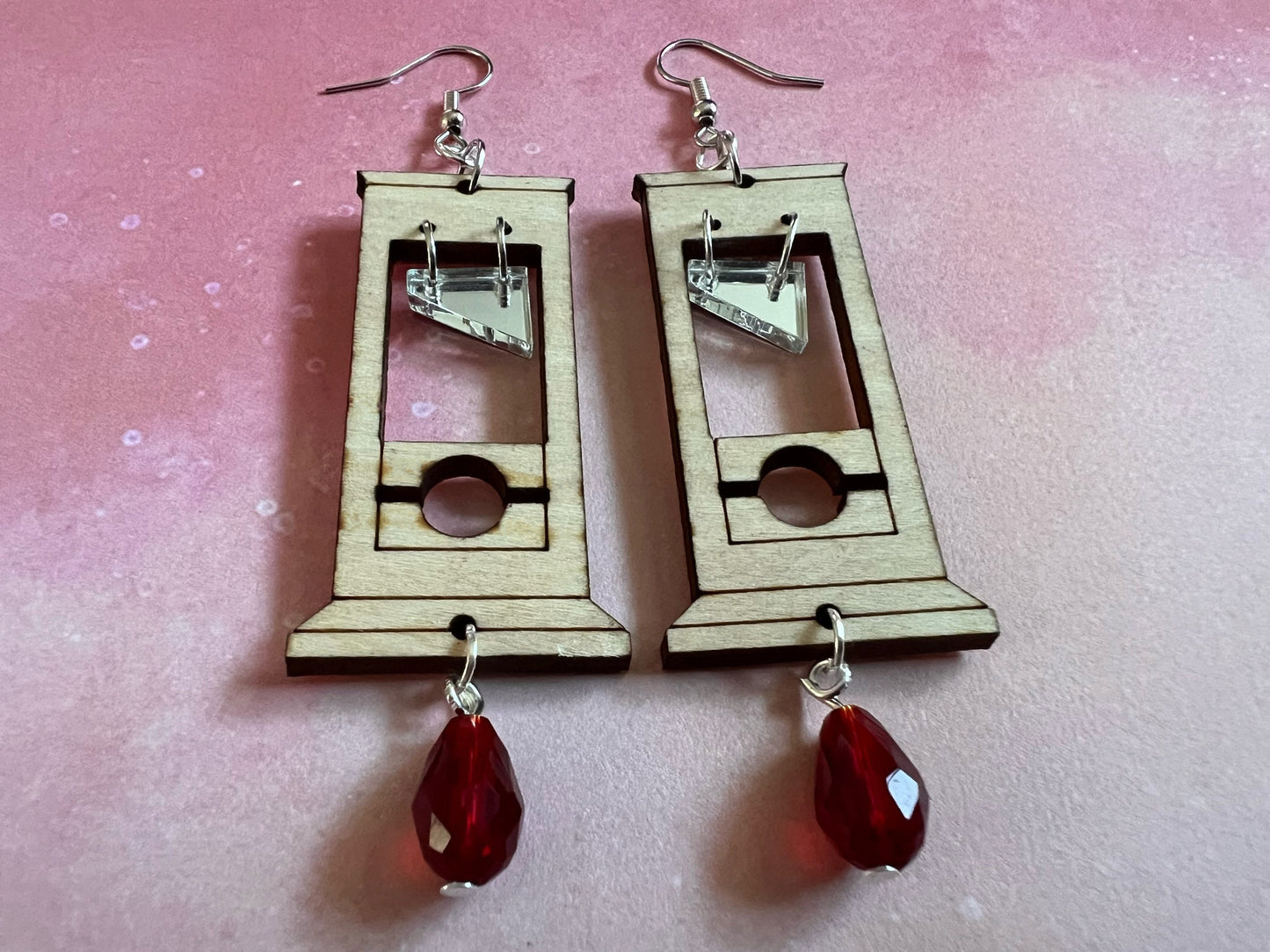 Guillotine Earrings with Blood Drop: Halloween, Scary, Horror, Execution, Decapitation, Laser Cut Acrylic & Wood, Gifts for Her/Him/Them