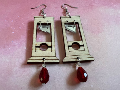 Guillotine Earrings with Blood Drop: Halloween, Scary, Horror, Execution, Decapitation, Laser Cut Acrylic & Wood, Gifts for Her/Him/Them