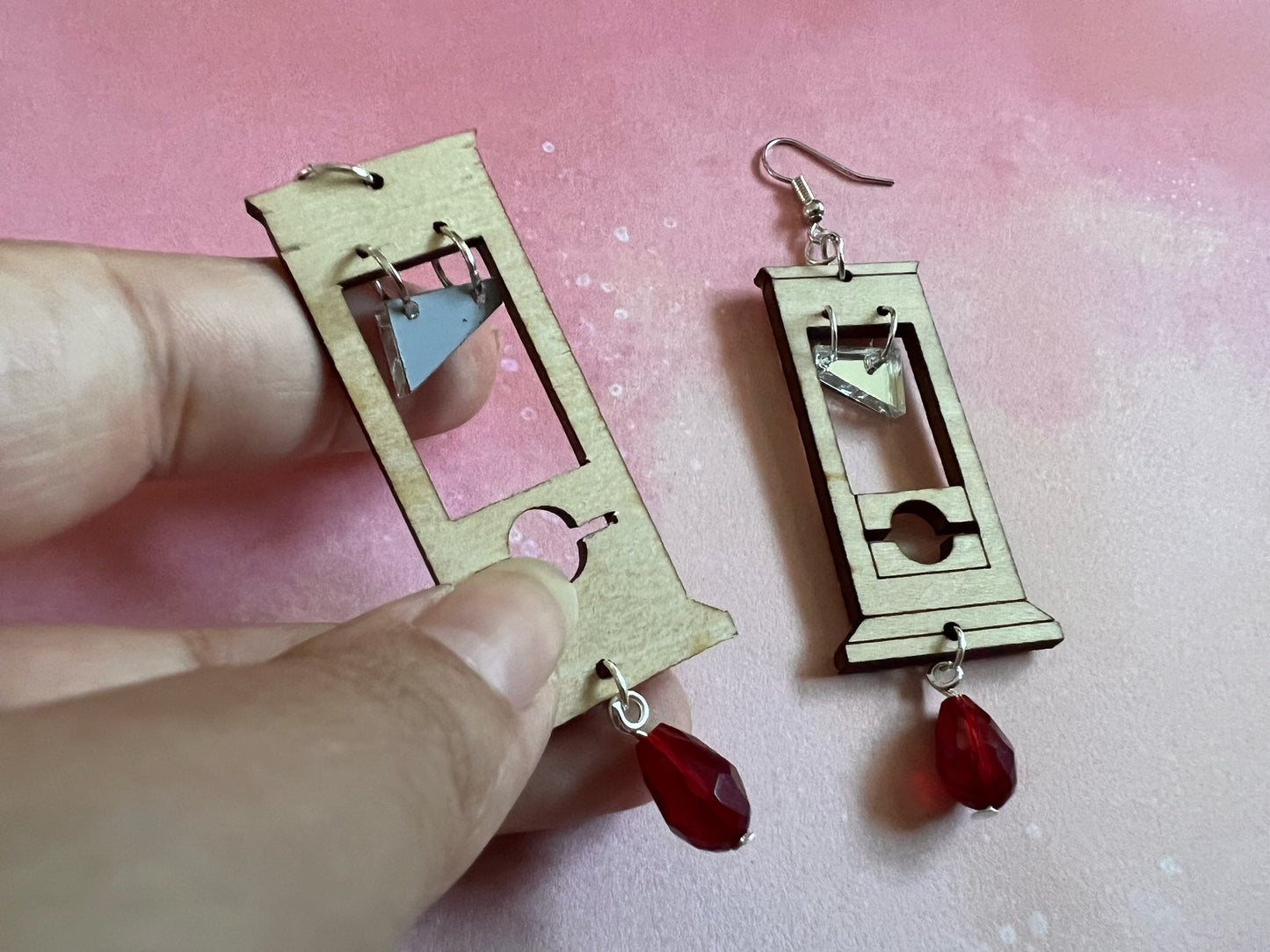 Guillotine Earrings with Blood Drop: Halloween, Scary, Horror, Execution, Decapitation, Laser Cut Acrylic & Wood, Gifts for Her/Him/Them