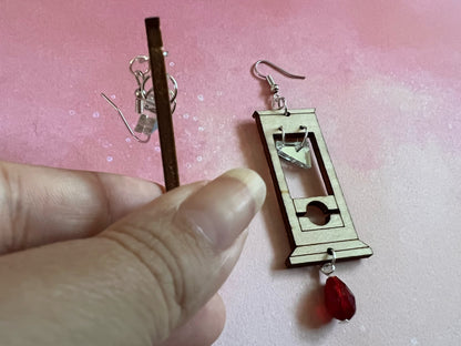 Guillotine Earrings with Blood Drop: Halloween, Scary, Horror, Execution, Decapitation, Laser Cut Acrylic & Wood, Gifts for Her/Him/Them