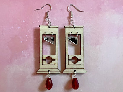 Guillotine Earrings with Blood Drop: Halloween, Scary, Horror, Execution, Decapitation, Laser Cut Acrylic & Wood, Gifts for Her/Him/Them