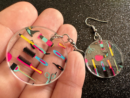 Hair Salon Earrings: Laser Cut Acrylic Earrings, Hair Brush, Hair Dryer, Scissors, Haircut, Hairdresser, Barber, Best Gifts for Her/Him/Them