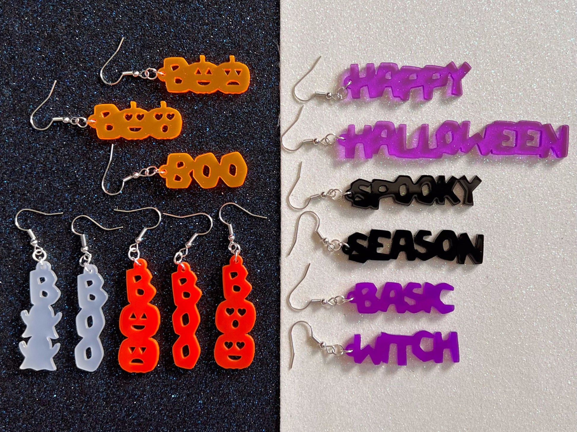 Halloween Earrings: Laser Cut Acrylic Halloween Text, Purple, Orange, Boo, Ghosts, Pumpkins, Basic Witch, Best Gifts for Her/Him/Them