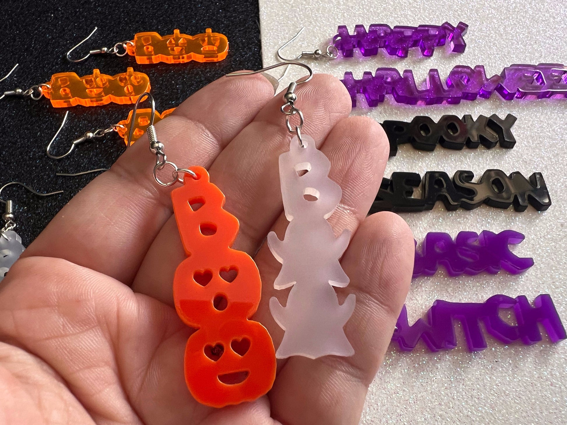 Halloween Earrings: Laser Cut Acrylic Halloween Text, Purple, Orange, Boo, Ghosts, Pumpkins, Basic Witch, Best Gifts for Her/Him/Them