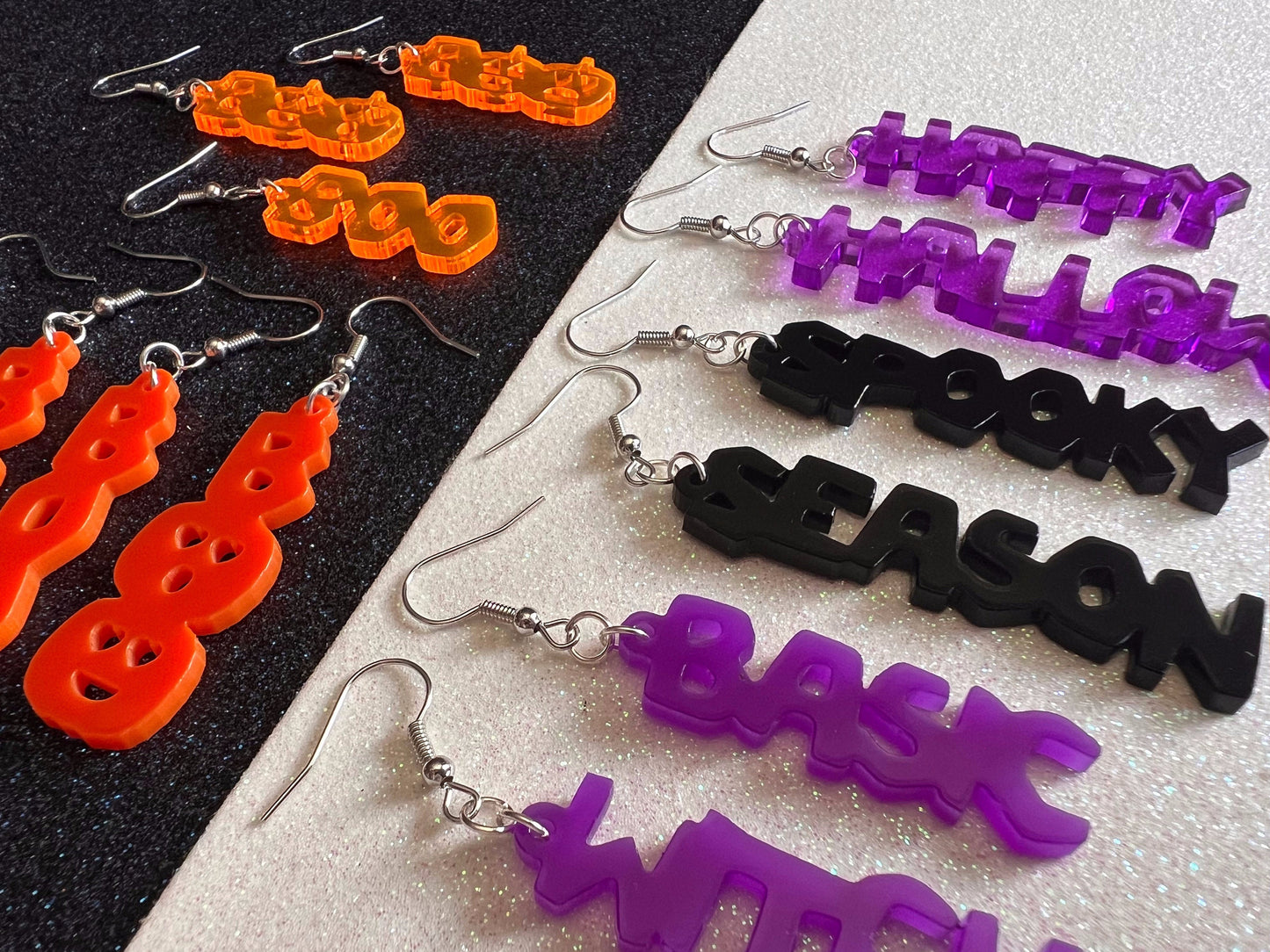 Halloween Earrings: Laser Cut Acrylic Halloween Text, Purple, Orange, Boo, Ghosts, Pumpkins, Basic Witch, Best Gifts for Her/Him/Them