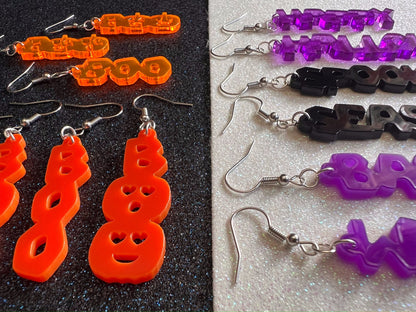 Halloween Earrings: Laser Cut Acrylic Halloween Text, Purple, Orange, Boo, Ghosts, Pumpkins, Basic Witch, Best Gifts for Her/Him/Them