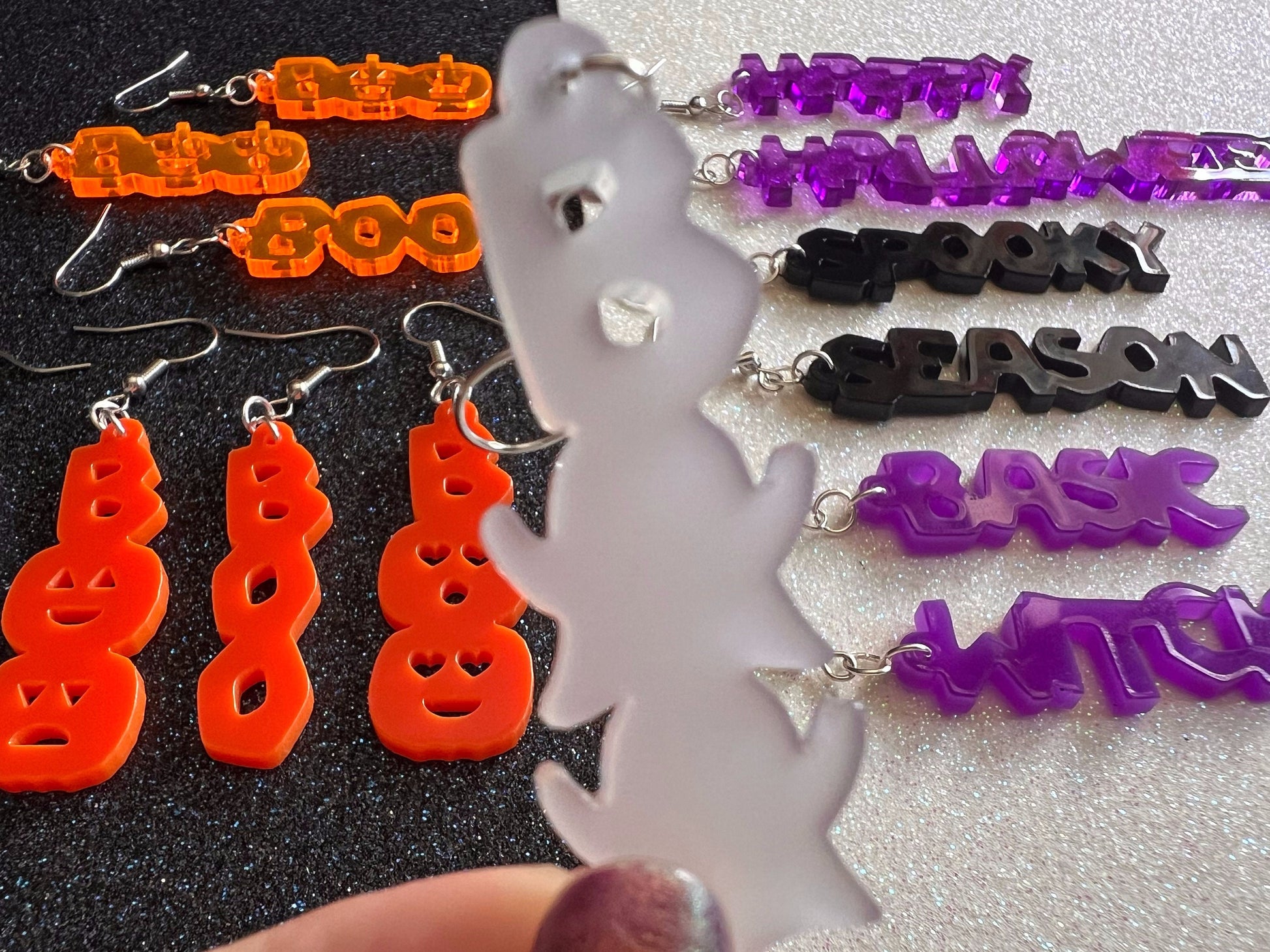 Halloween Earrings: Laser Cut Acrylic Halloween Text, Purple, Orange, Boo, Ghosts, Pumpkins, Basic Witch, Best Gifts for Her/Him/Them
