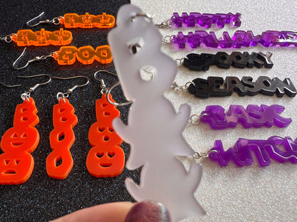 Halloween Earrings: Laser Cut Acrylic Halloween Text, Purple, Orange, Boo, Ghosts, Pumpkins, Basic Witch, Best Gifts for Her/Him/Them