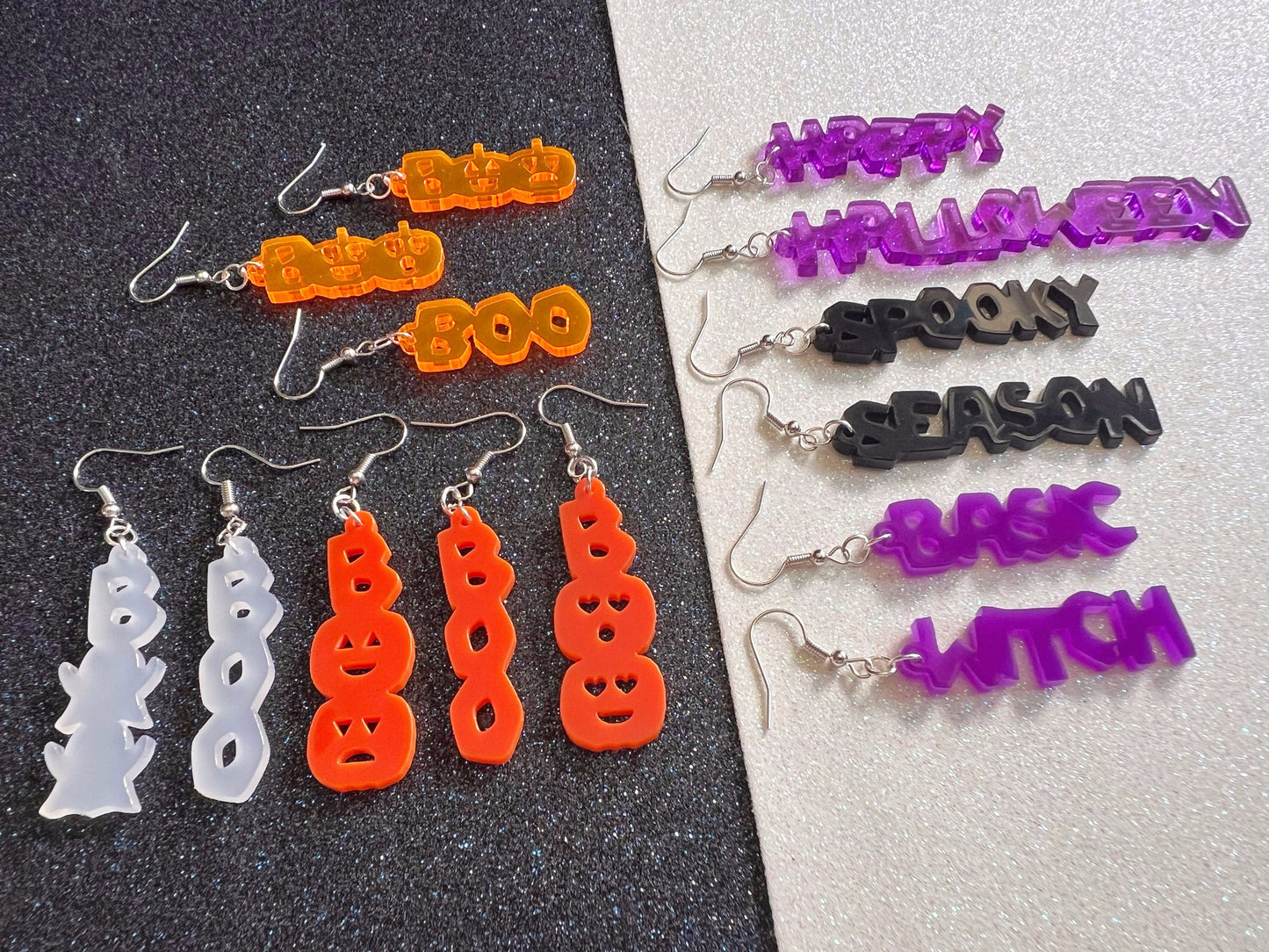 Halloween Earrings: Laser Cut Acrylic Halloween Text, Purple, Orange, Boo, Ghosts, Pumpkins, Basic Witch, Best Gifts for Her/Him/Them