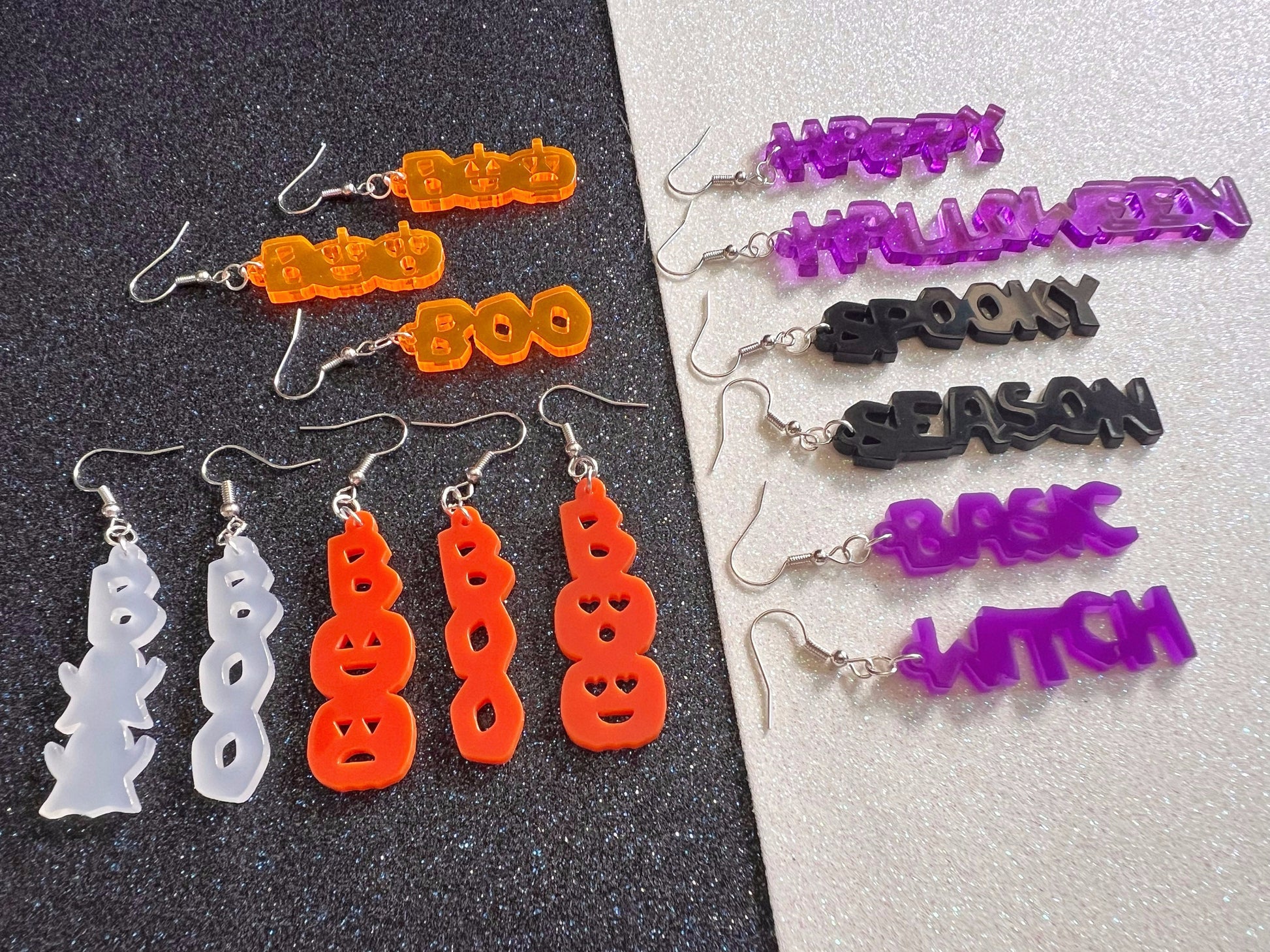 Halloween Earrings: Laser Cut Acrylic Halloween Text, Purple, Orange, Boo, Ghosts, Pumpkins, Basic Witch, Best Gifts for Her/Him/Them