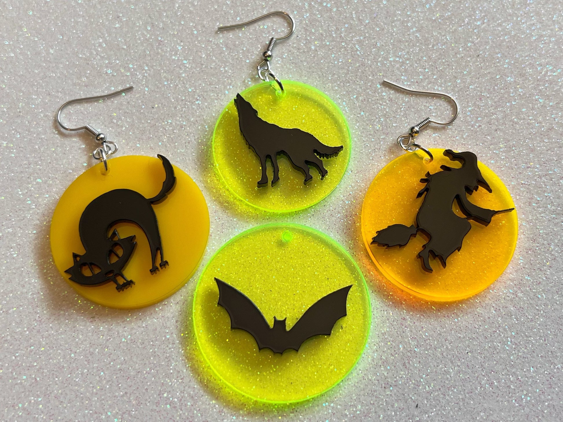 Halloween Silhouette Full Moon Earrings: Laser Cut Acrylic Witches, Bats, Wolves, Cats, Wolf, Horror, Best Gifts for Her/Him/Them