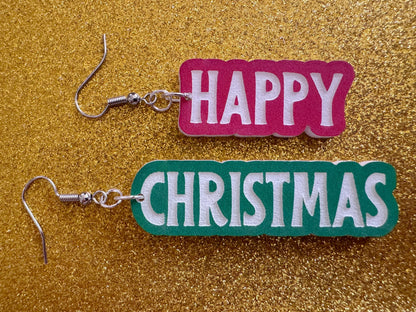 Happy Christmas Earrings: Laser Cut Acrylic Text Earrings, Xmas, X-mas, Winter Holidays, Santa Claus, Presents, Best Gifts for Her/Him/Them