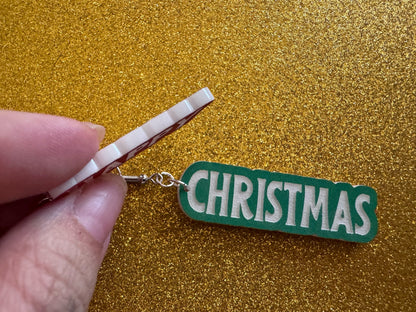 Happy Christmas Earrings: Laser Cut Acrylic Text Earrings, Xmas, X-mas, Winter Holidays, Santa Claus, Presents, Best Gifts for Her/Him/Them