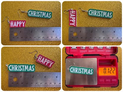 Happy Christmas Earrings: Laser Cut Acrylic Text Earrings, Xmas, X-mas, Winter Holidays, Santa Claus, Presents, Best Gifts for Her/Him/Them