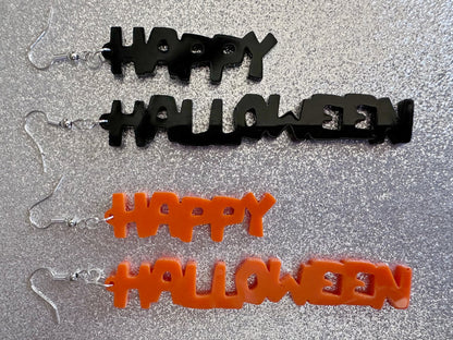 Happy Halloween Earrings: Laser Cut Acrylic Halloween Text, Black, Orange, Scary, Spooktastic, Best Gifts for Her/Him/Them