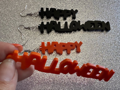 Happy Halloween Earrings: Laser Cut Acrylic Halloween Text, Black, Orange, Scary, Spooktastic, Best Gifts for Her/Him/Them