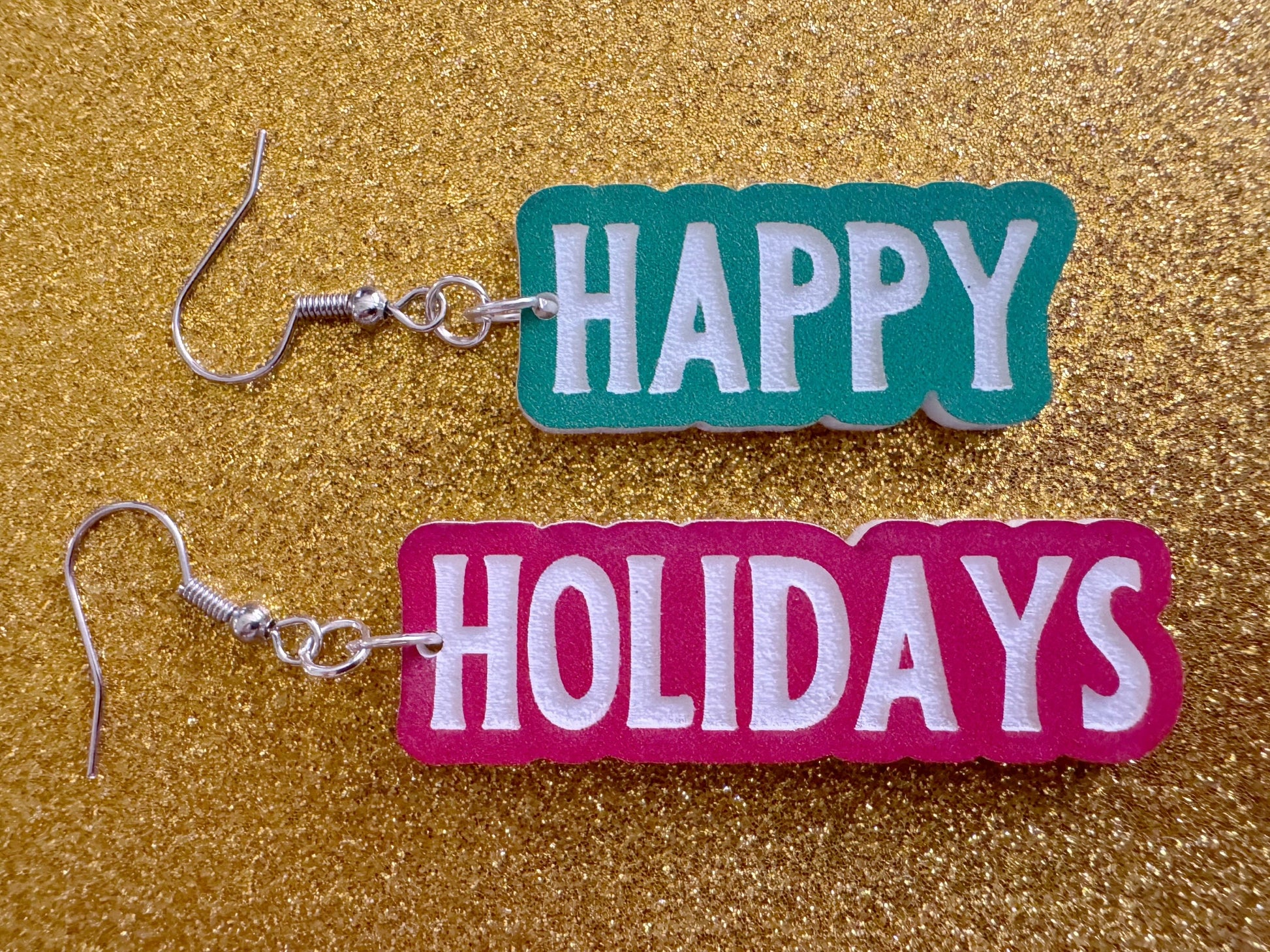 Happy Holidays Earrings: Laser Cut Acrylic Holiday Earrings, X-mas, Winter, Christmas, Santa Claus, Presents, Best Gifts for Her/Him/Them