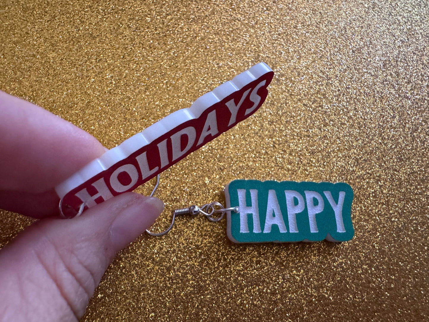 Happy Holidays Earrings: Laser Cut Acrylic Holiday Earrings, X-mas, Winter, Christmas, Santa Claus, Presents, Best Gifts for Her/Him/Them