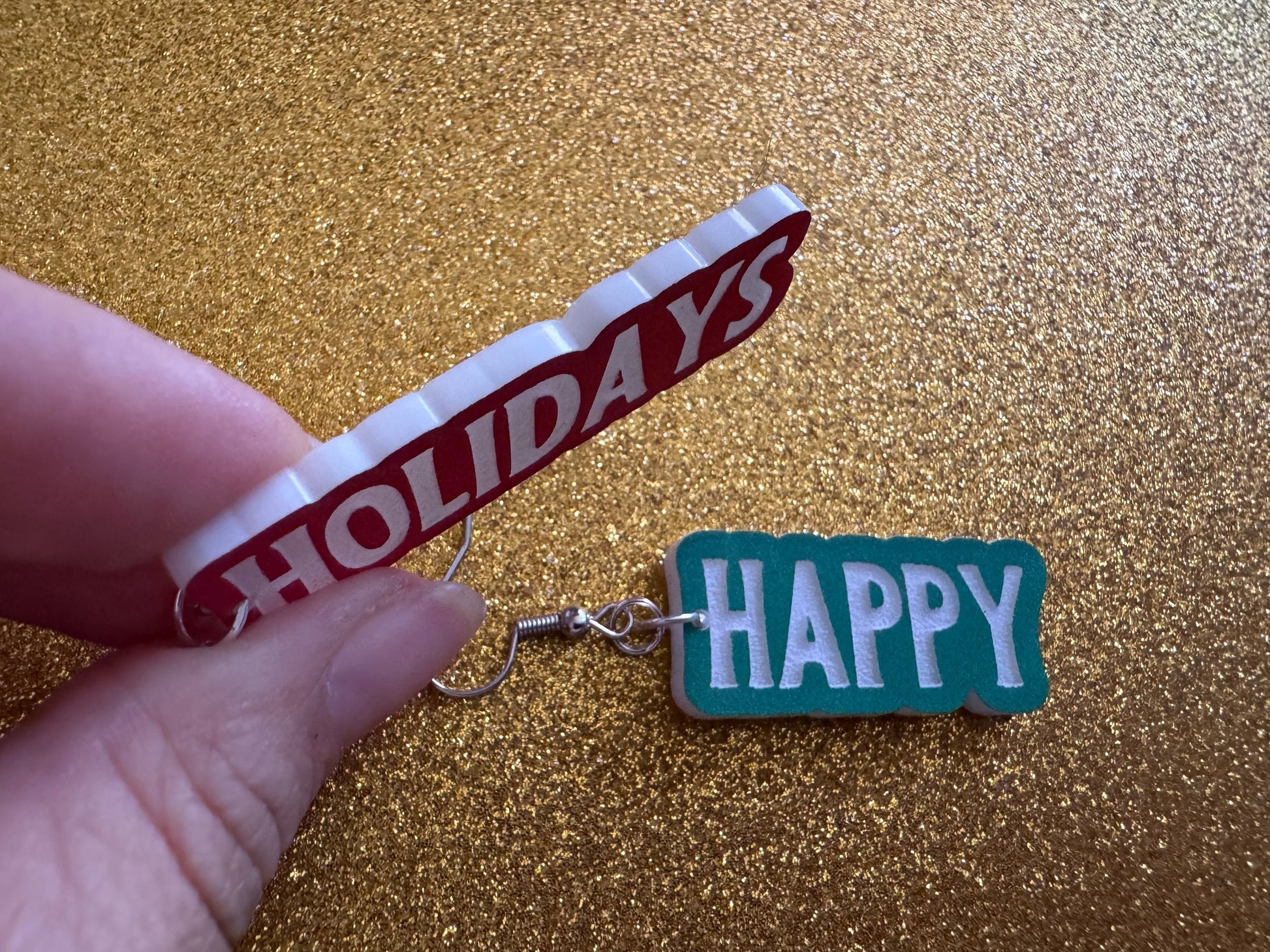 Happy Holidays Earrings: Laser Cut Acrylic Holiday Earrings, X-mas, Winter, Christmas, Santa Claus, Presents, Best Gifts for Her/Him/Them