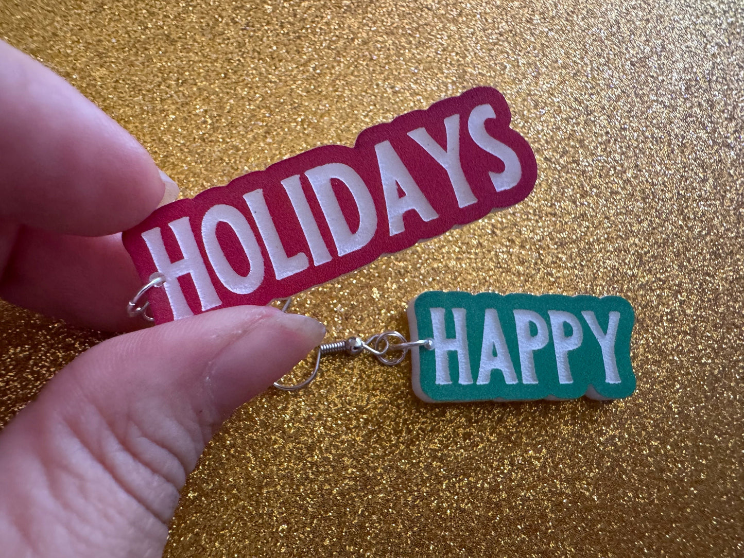 Happy Holidays Earrings: Laser Cut Acrylic Holiday Earrings, X-mas, Winter, Christmas, Santa Claus, Presents, Best Gifts for Her/Him/Them