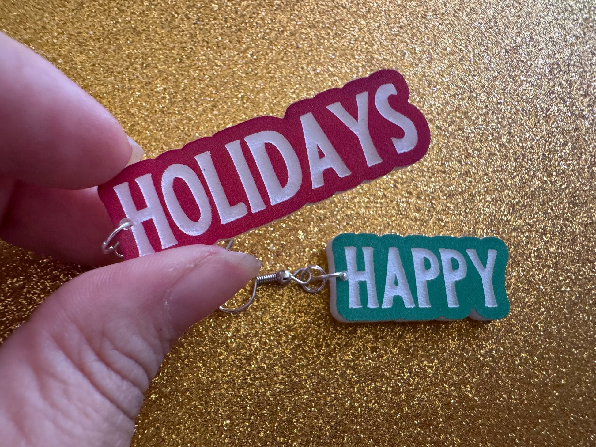 Happy Holidays Earrings: Laser Cut Acrylic Holiday Earrings, X-mas, Winter, Christmas, Santa Claus, Presents, Best Gifts for Her/Him/Them