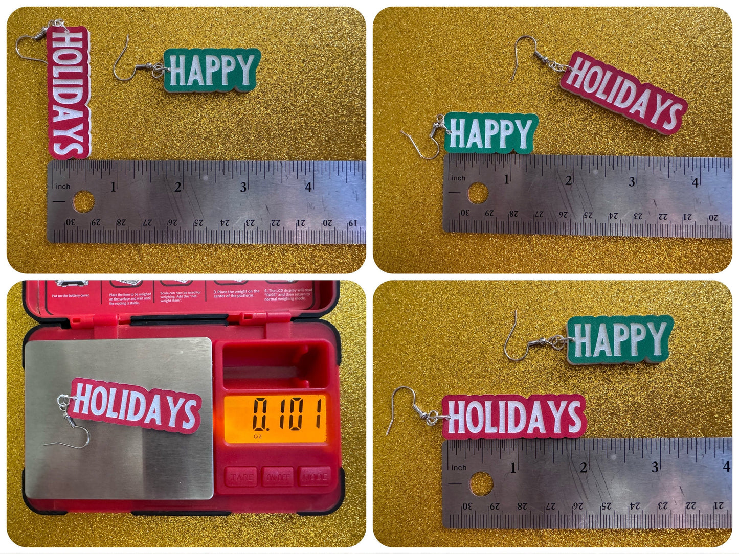 Happy Holidays Earrings: Laser Cut Acrylic Holiday Earrings, X-mas, Winter, Christmas, Santa Claus, Presents, Best Gifts for Her/Him/Them