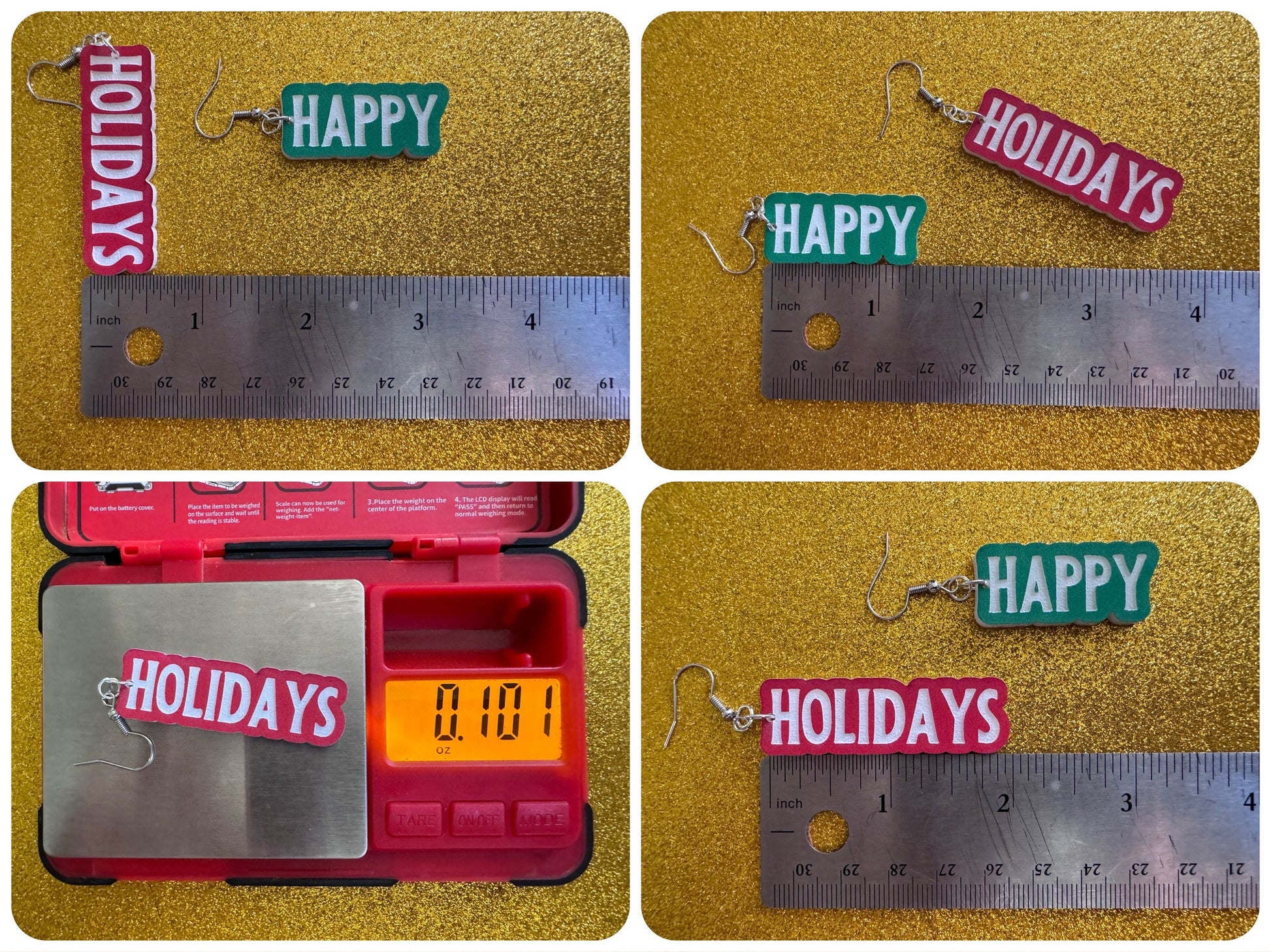 Happy Holidays Earrings: Laser Cut Acrylic Holiday Earrings, X-mas, Winter, Christmas, Santa Claus, Presents, Best Gifts for Her/Him/Them