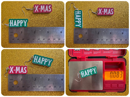 Happy X-Mas Earrings: Laser Cut Acrylic Christmas Text Earrings, X-mas, Winter Holidays, Santa Claus, Presents, Best Gifts for Her/Him/Them