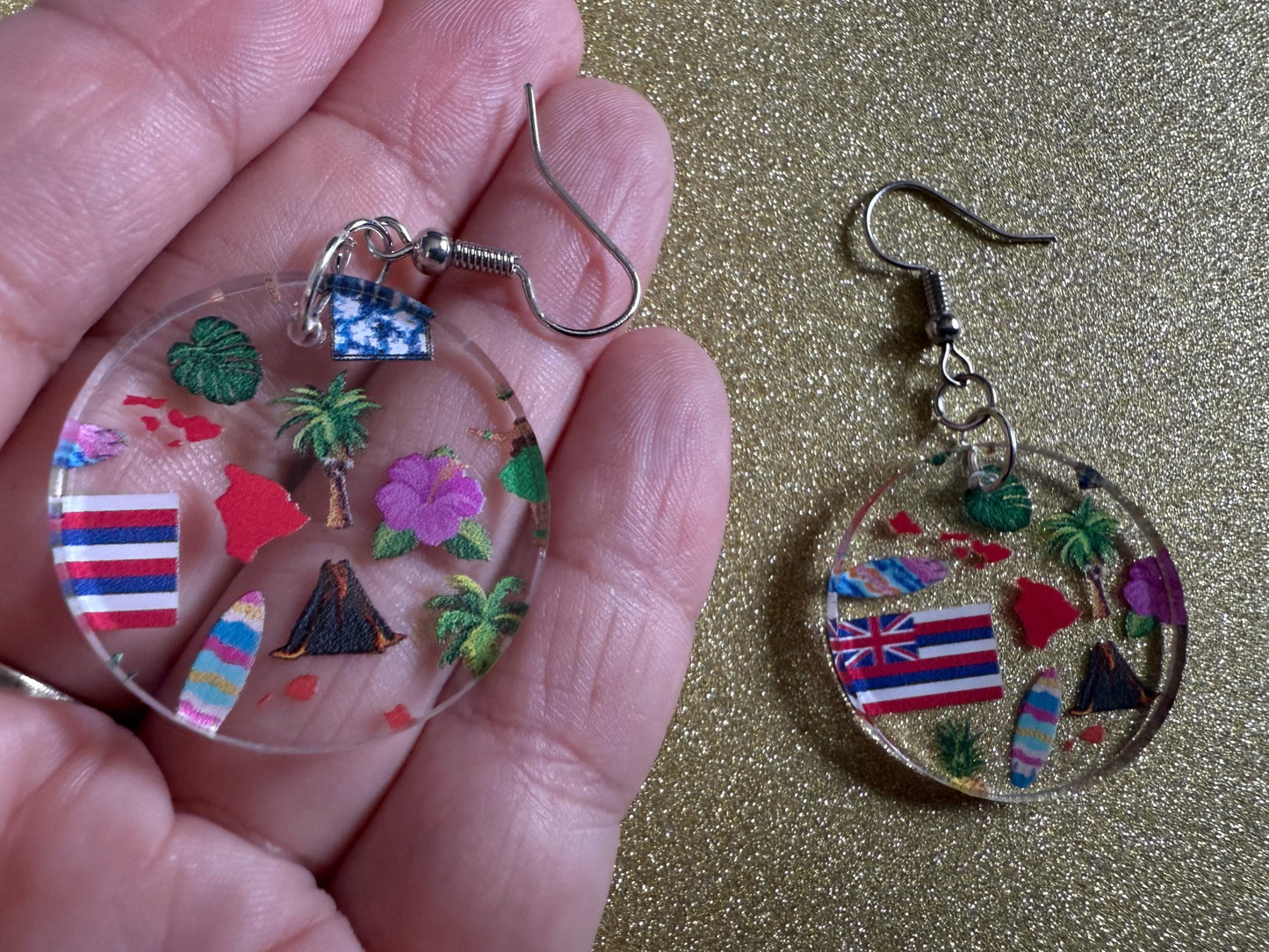 Hawaii Earrings: Laser Cut Acrylic Island Earrings, Hawaiian, Tropical, Volcano, Palm Tree, Surfing, Hibiscus, Best Gifts for Her/Him/Them