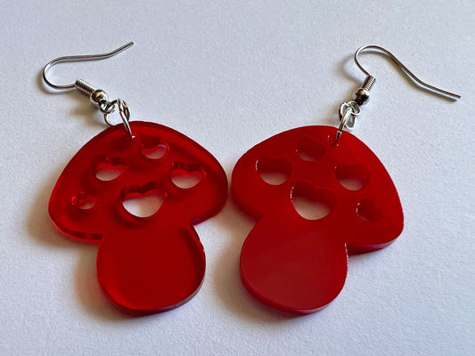 Heart Amanita Mushroom Earrings: Mycology, Foraging, Laser Cut Acrylic Mushroom Jewelry, Plants, Whimsical, Fairy, Gifts for Her/Him/Them