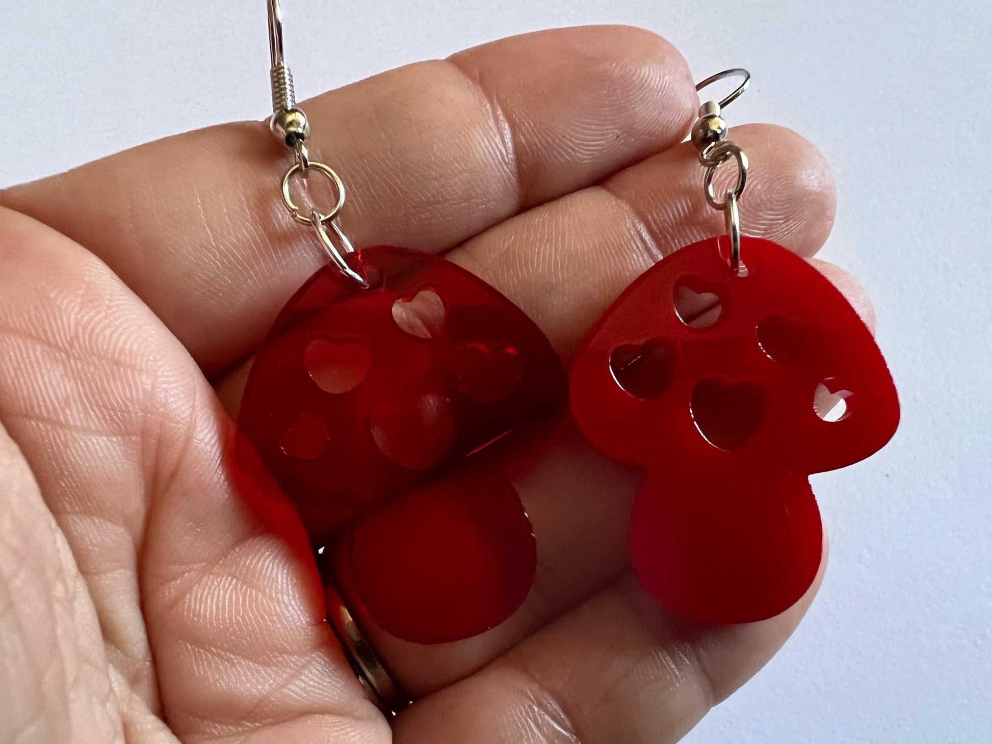 Heart Amanita Mushroom Earrings: Mycology, Foraging, Laser Cut Acrylic Mushroom Jewelry, Plants, Whimsical, Fairy, Gifts for Her/Him/Them