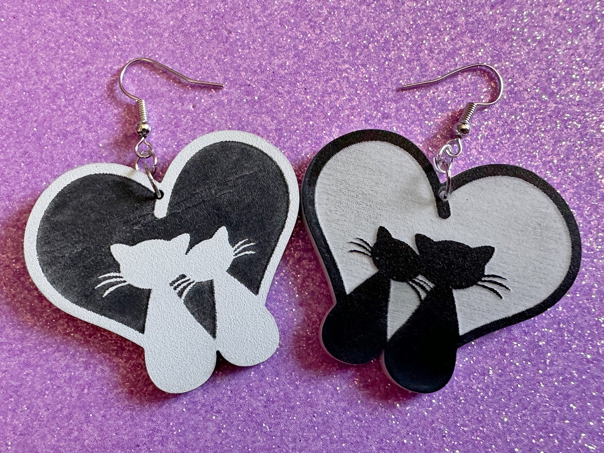 Heart Cat Earrings: Laser Cut Acrylic Cats, Kitty, Kitten, Pussy Cat, Animals, Feline, Black Cat, White Cat, Best Gifts for Her/Him/Them