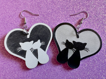 Heart Cat Earrings: Laser Cut Acrylic Cats, Kitty, Kitten, Pussy Cat, Animals, Feline, Black Cat, White Cat, Best Gifts for Her/Him/Them
