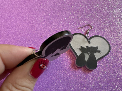 Heart Cat Earrings: Laser Cut Acrylic Cats, Kitty, Kitten, Pussy Cat, Animals, Feline, Black Cat, White Cat, Best Gifts for Her/Him/Them