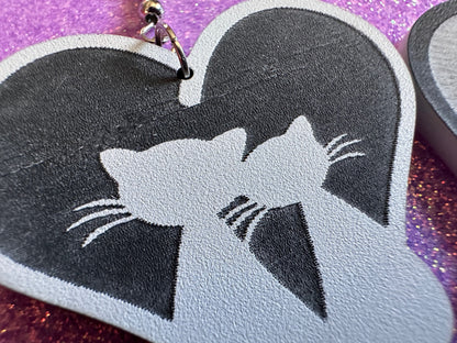Heart Cat Earrings: Laser Cut Acrylic Cats, Kitty, Kitten, Pussy Cat, Animals, Feline, Black Cat, White Cat, Best Gifts for Her/Him/Them