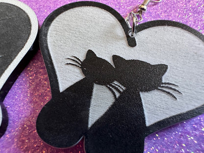 Heart Cat Earrings: Laser Cut Acrylic Cats, Kitty, Kitten, Pussy Cat, Animals, Feline, Black Cat, White Cat, Best Gifts for Her/Him/Them