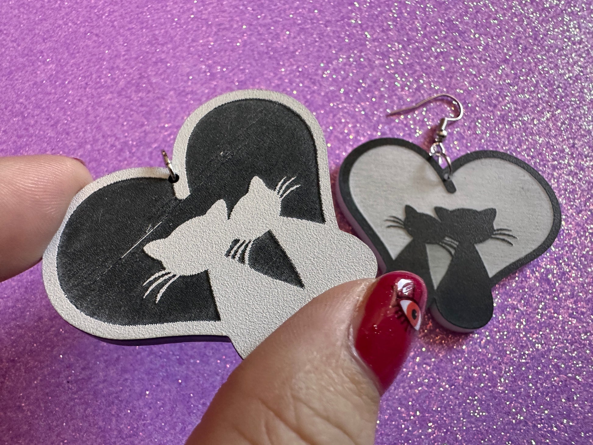 Heart Cat Earrings: Laser Cut Acrylic Cats, Kitty, Kitten, Pussy Cat, Animals, Feline, Black Cat, White Cat, Best Gifts for Her/Him/Them