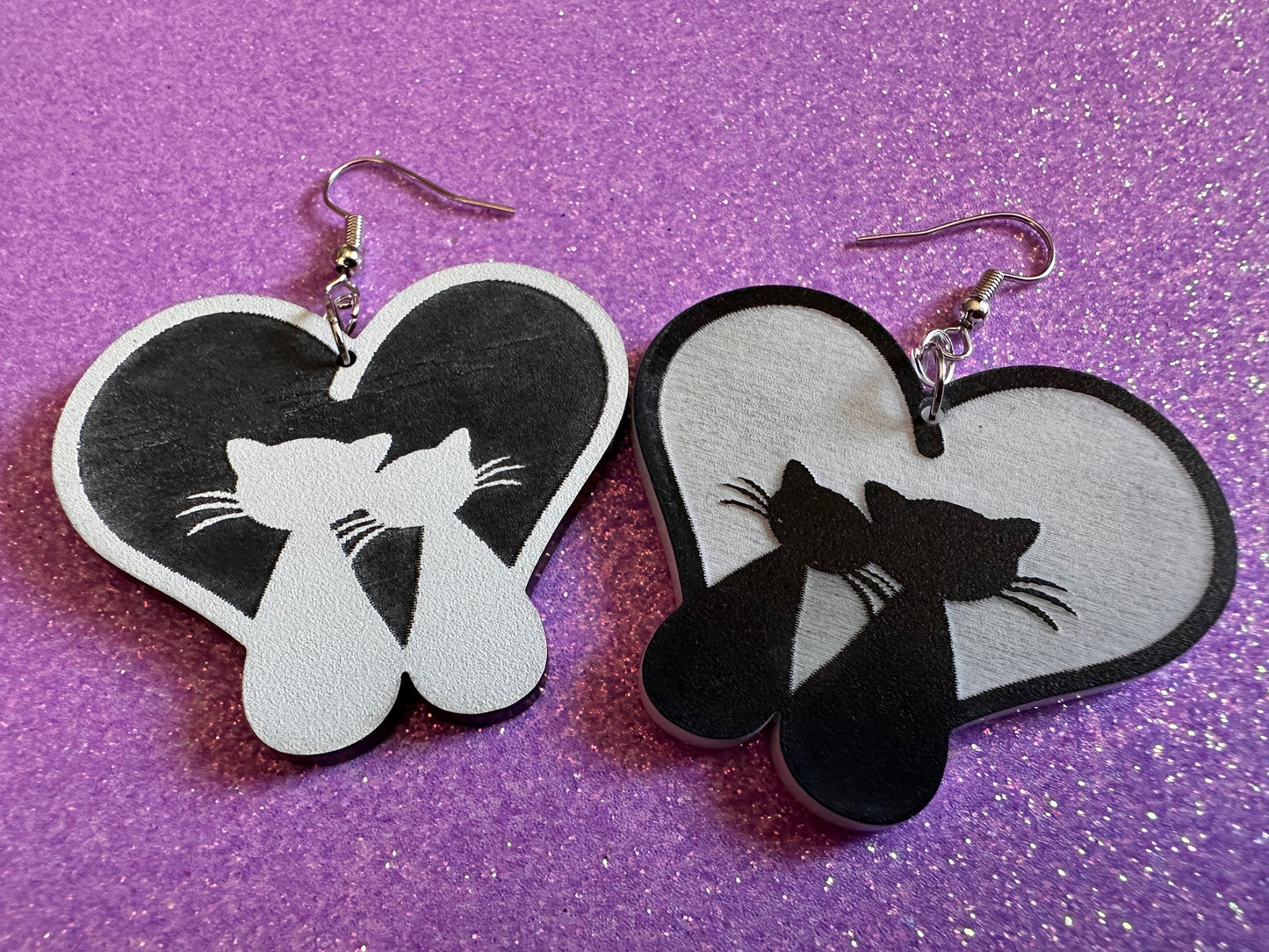 Heart Cat Earrings: Laser Cut Acrylic Cats, Kitty, Kitten, Pussy Cat, Animals, Feline, Black Cat, White Cat, Best Gifts for Her/Him/Them