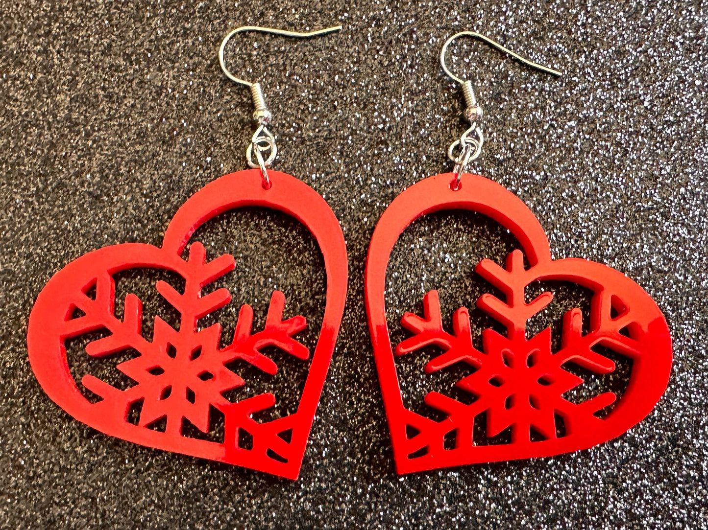 Heart Snowflake Earrings: Laser Cut Acrylic Snowflakes in Hearts, Stormy Weather, Snowing, Love Snow, Winter, Best Gifts for Her/Him/Them