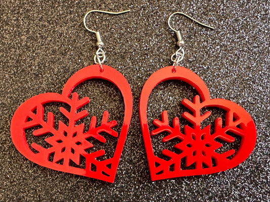 Heart Snowflake Earrings: Laser Cut Acrylic Snowflakes in Hearts, Stormy Weather, Snowing, Love Snow, Winter, Best Gifts for Her/Him/Them