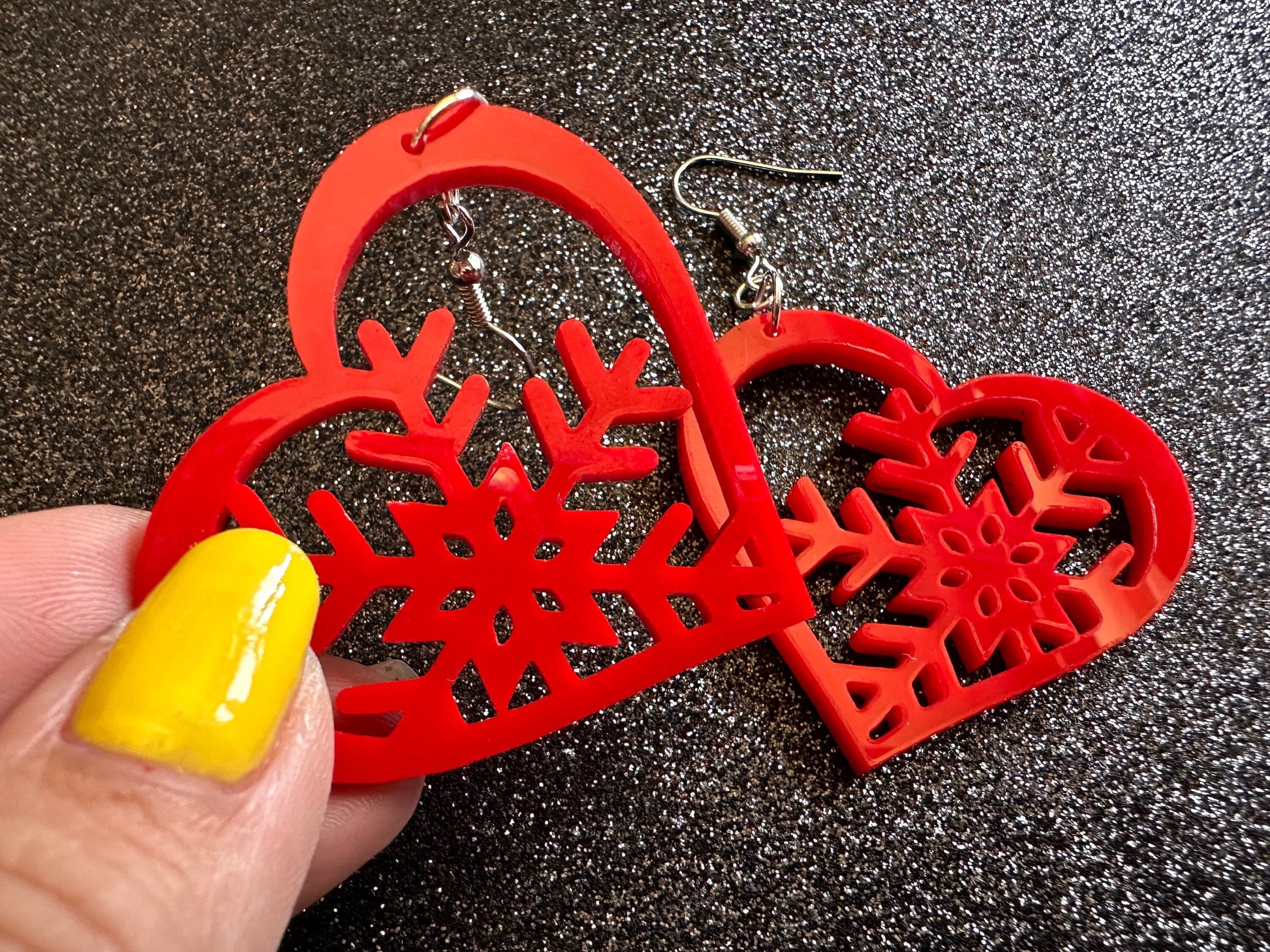 Heart Snowflake Earrings: Laser Cut Acrylic Snowflakes in Hearts, Stormy Weather, Snowing, Love Snow, Winter, Best Gifts for Her/Him/Them