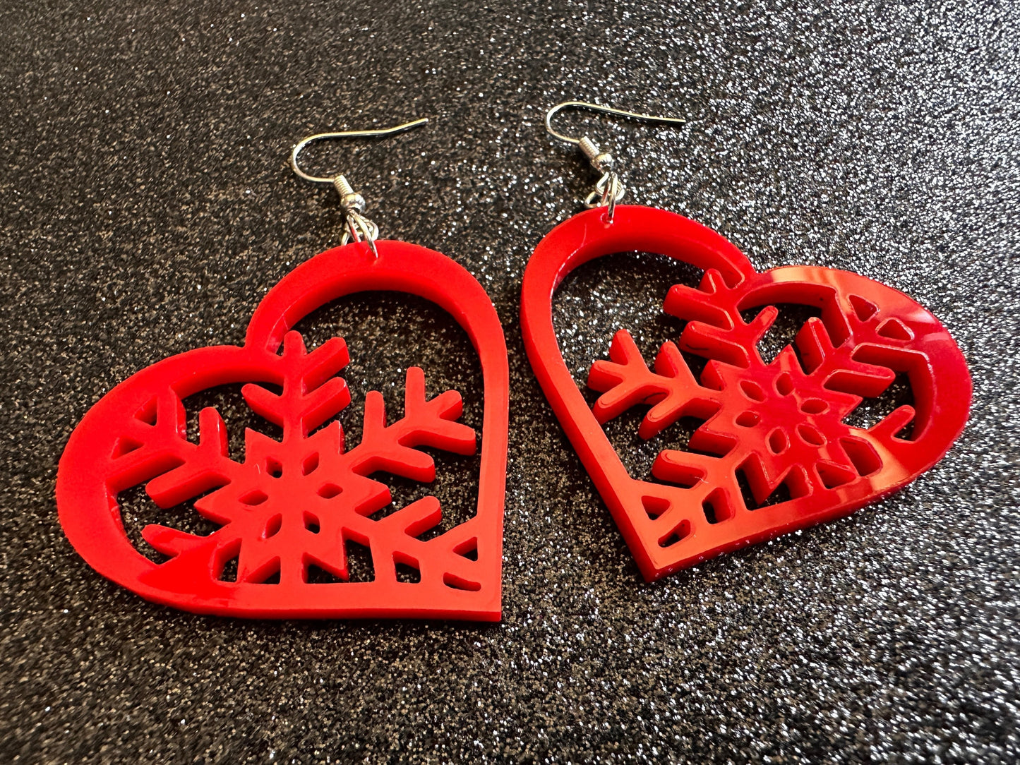 Heart Snowflake Earrings: Laser Cut Acrylic Snowflakes in Hearts, Stormy Weather, Snowing, Love Snow, Winter, Best Gifts for Her/Him/Them