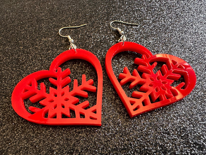 Heart Snowflake Earrings: Laser Cut Acrylic Snowflakes in Hearts, Stormy Weather, Snowing, Love Snow, Winter, Best Gifts for Her/Him/Them